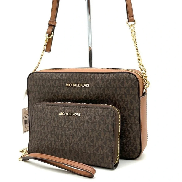 Michael Kors Large EW Crossbody Bag & JST LG Flat MF Phone Case Wallet Brown - Picture 1 of 12